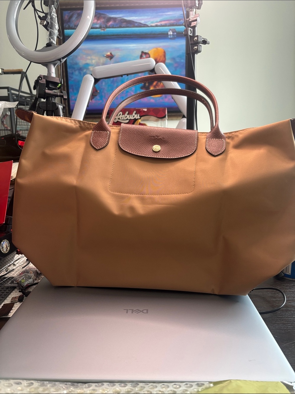 Longchamp Foldable Tote in Tan with Brown Trim